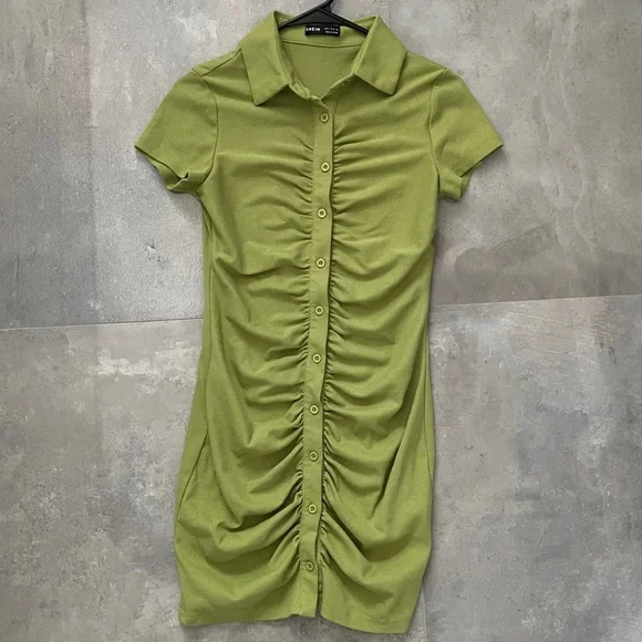 slim fit dress slacks Green Ruched Button Down Dress – Silistro main image 1